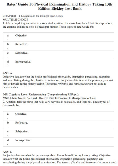 Bates' Guide To Physical Examination and History Taking 13th Edition Test Bank